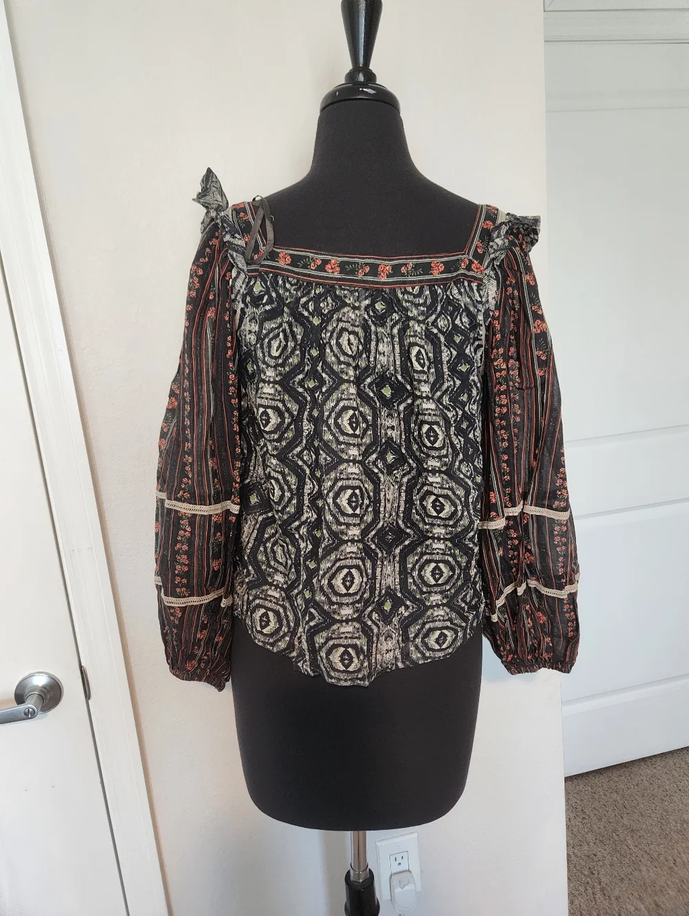 Bohemian Square-Neck Mixed Print Blouse - Black with Rust Accents